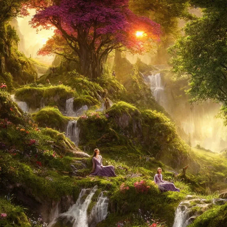 Image similar to an elegant elvish lady sitting and looking out at a lord of the rings scenery landscape, vast lush valley flowers, stream, sunrise, god's rays highly detailed, vivid colour, soft clouds, floral sunset, cinematic lighting, perfect composition, 8 k, gustave dore, derek zabrocki, greg rutkowski, belsinski, octane render