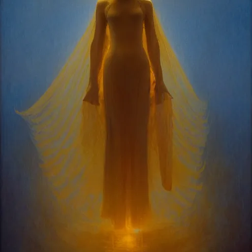 Prompt: a silhouette dressed with a shroud wears a human golden mask, by jean delville and sophie anderson and mandy jurgens, golden ratio, perfect composition, elegant, no crop, extremely detailed, hd, masterpiece, artstation