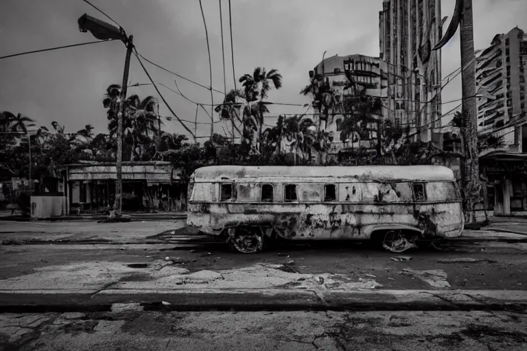 Image similar to low wide angle shot of dilapidated fallout 5 miami, tropical coastal city, desolate, dilapidated neon signs, few rusted retro futuristic vintage parked vehicles like cars, buses, trucks, trams, volumetric lighting, photorealistic, foggy, rain daytime, autumn, overcast weather, sharp focus, ultra detailed, 4 0 0 0 k