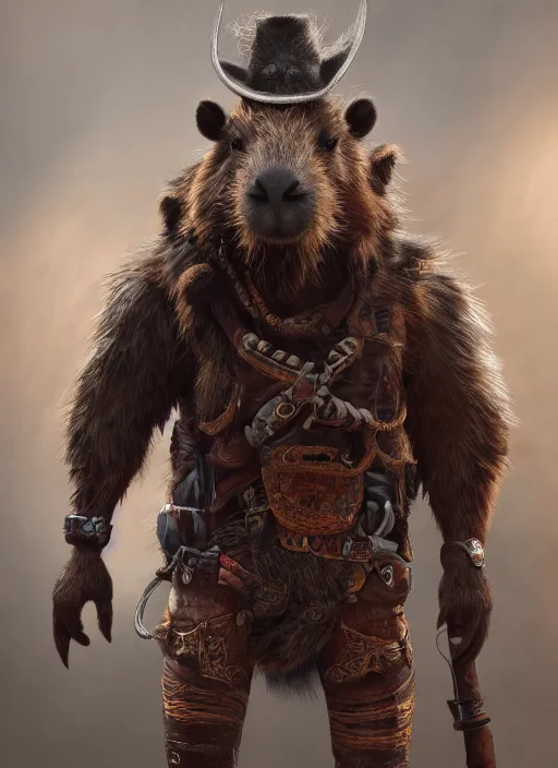 Image similar to detailed full body concept art illustration dark oil painting of an anthropomorphic capybara cowboy in full intricate clothing, biomutant, ultra detailed, digital art, octane render, 4K