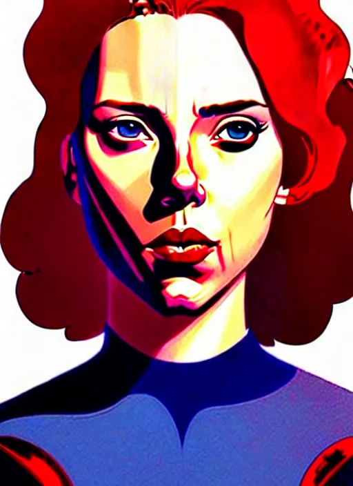 Image similar to rafeal albuquerque comic art, joshua middleton comic art, cinematics lighting, night time, pretty scarlett johansson black widow, big smirk, symmetrical face, symmetrical eyes, long red hair, full symmetrical body, flying in the air, jumping off rooftop