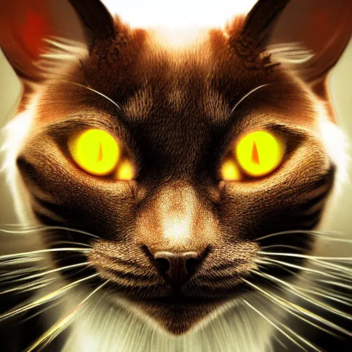 Prompt: Photorealistic demon cat. Hyperdetailed photorealism, 108 megapixels, amazing depth, glowing rich colors, powerful imagery, psychedelic Overtones, 3D finalrender, 3d shading, cinematic lighting, artstation concept art