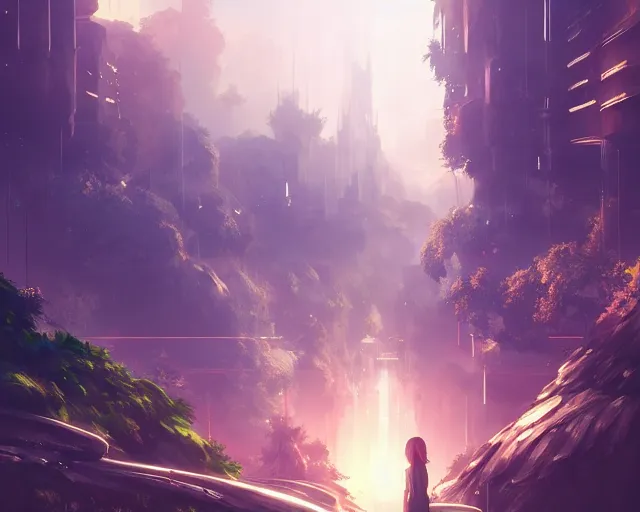 Image similar to scenery artwork, scene beautiful, light!! light essential futuristic city world and nature vegetation with daylight, surrealism oil on canvas, artstation!! pixiv!! dream scenery, quality astral projection render, nier automata concept art, vaporwave textures