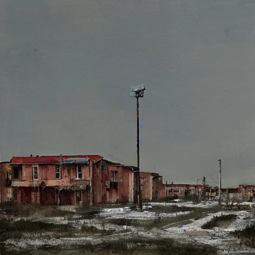 Image similar to painting of a abandoned post soviet town by jakub rozalski