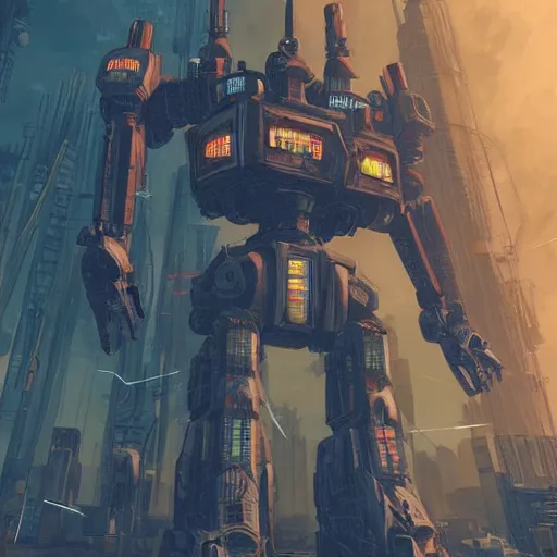 Image similar to a giant robot corpse repurposed to house a booming city in its hull, set in the distant future, steampunk, cyberpunk, warm lights, anime, vhs distortion