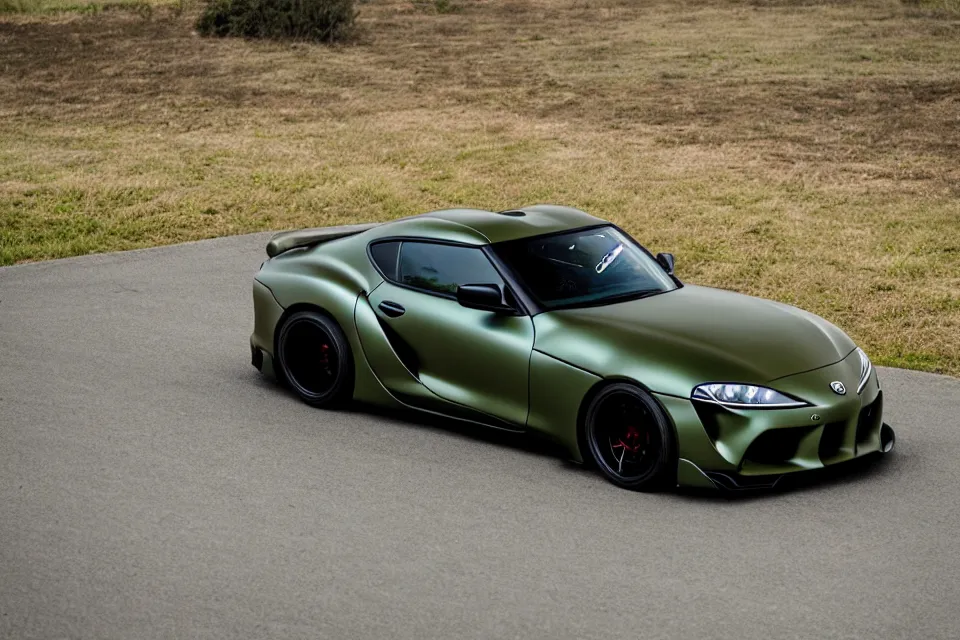 Prompt: Matte olive green Toyota Supra mk4 with widebody kit on highway, hyper realistic, car photography, 8k,