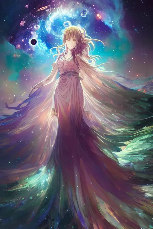 Image similar to anime key visual of a beautiful girl wearing a dress made of stars and nebulae, dramatic, volumetric lighting, planets in the background, intricate, magical forest, stunning, highly detailed, digital painting, artstation, smooth, hard focus, illustration, art by artgerm and greg rutkowski and alphonse mucha