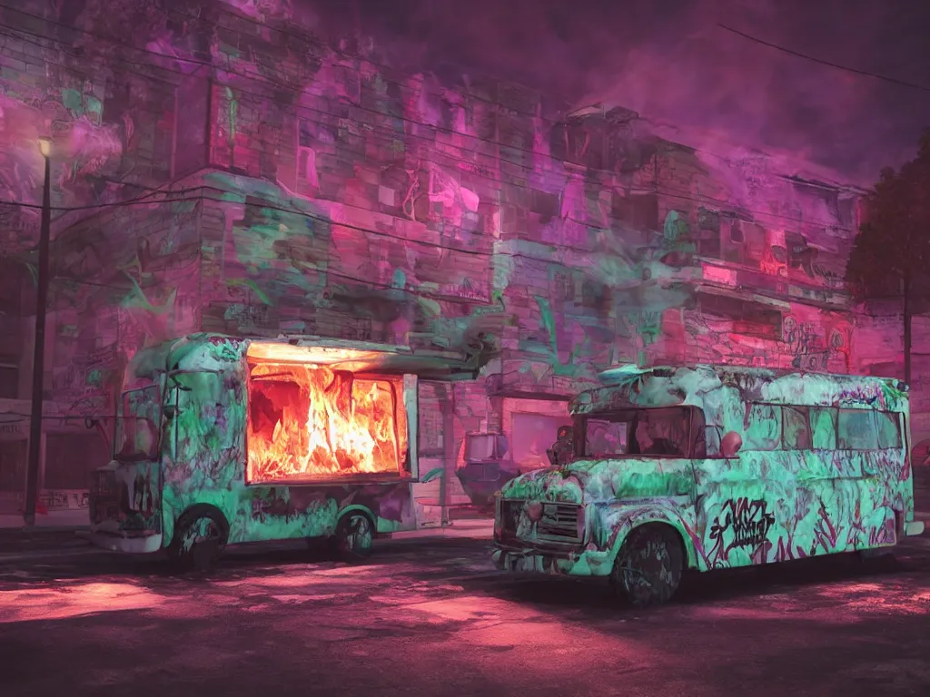 Image similar to graffiti covered Ice cream truck on fire at night, vapor wave, volumetric lighting, haunting atmosphere, gothic, photorealistic, hyperdetailed 3D render, hyperrealism, hyperrealistic, cinematic, silent hill, horror style