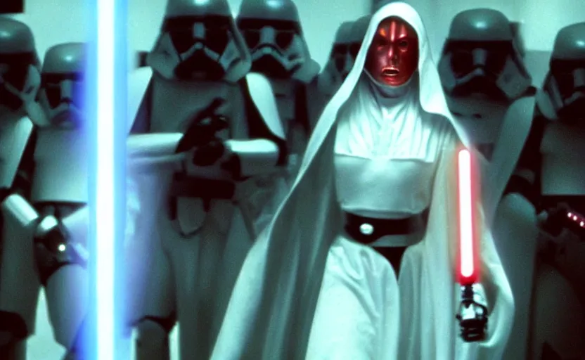 Image similar to a screenshot of a female sith lord in white approaches with a lightsaber, surrounded by dark troopers, red environment, from the 1979 film directed by Stanley Kubrick, shot on anamorphic lenses, cinematography, 70mm film, lens flare, kodak color film stock, ektachrome, immensely detailed scene, 4k