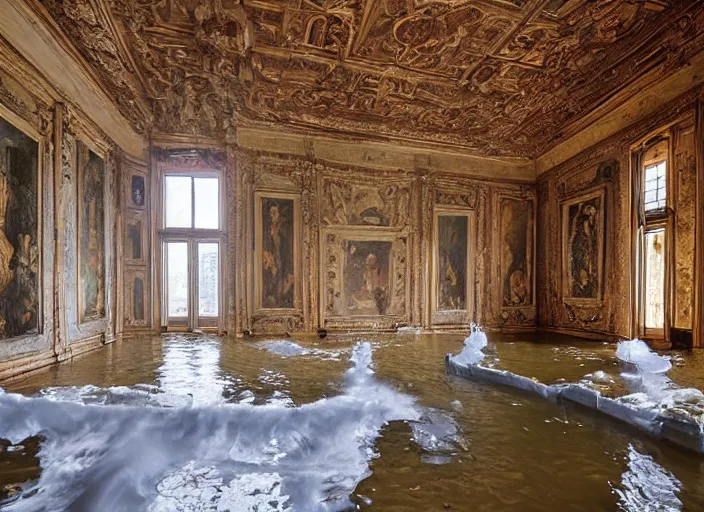 Prompt: a renaissance castle room flooded with water,