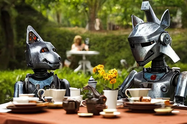 Image similar to film still from the movie chappie of the robot chappie shiny metal outdoor park plants garden scene bokeh depth of field several figures sitting down at a table having a delicious grand victorian tea party furry anthro anthropomorphic stylized cat ears wolf muzzle head android service droid robot machine fursona