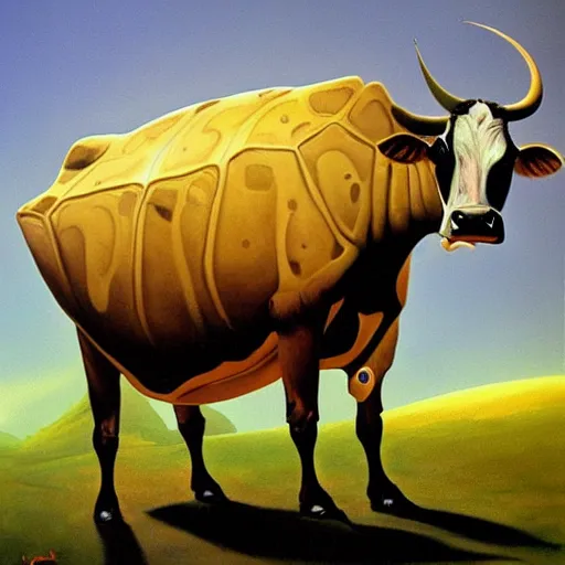 Image similar to a cow with turtle costume, surrealism, painting by boris vallejo and michael whelan