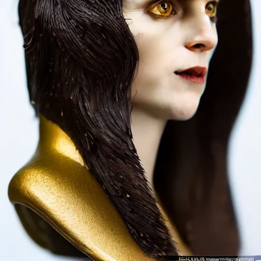 Prompt: photo taken of an epic intricate, ultra detailed, super realistic life sized bust of a majestic gracious regal aristocratic brunette female vampire created by weta workshop, menacing, some zoomed in shots, photorealistic, sharp focus, white wall, extremely cold blueish colour temperature, 3 5 mm, f 1. 4, golden ratio