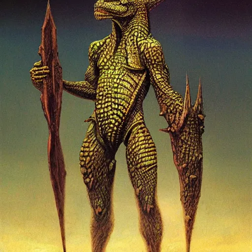 Image similar to lizardman warrior concept, tribal, beksinski