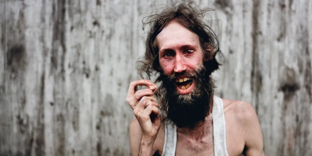 Image similar to extremely skinny malnourished redneck white male with long beard, wearing dirty overalls, dirty greasy face, grin, portrait, close up, kodak gold 2 0 0, 5 0 mm,