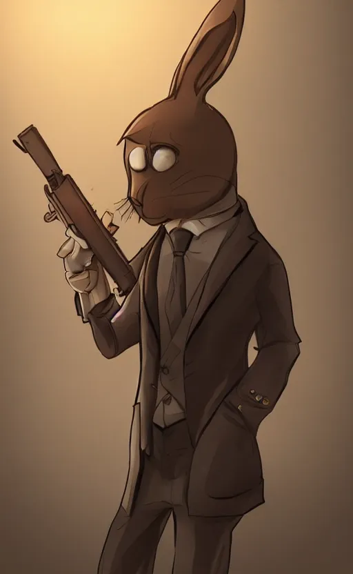 Image similar to rabbit as a hitman, suit and tie, with silenced gun, dynamic lighting, fantasy concept art, trending on art station, stunning visuals, creative, cinematic, ultra detailed, comic strip style