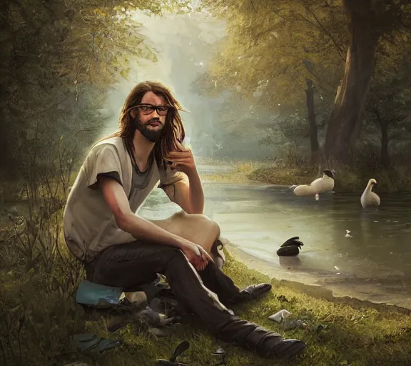 Prompt: a german young man with long brownish hair and glasses and short goatee, lying in a park next to mallards, art by charlie bowater and greg rutkowski and artgerma, lightroom hyperdetailed