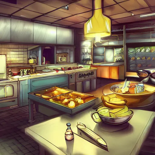 Image similar to chef's kitchen, intricate cluttered visual novel background, busy, shiny, painterly, professional, trending on pixiv