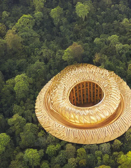 Prompt: aerial view of a massive gold sculpture in the jungle photograph, architecture carved for a titan, beautiful in its smoothness and expansiveness, curving geometric arches, architectural photograph by louis kahn and moshe safdie