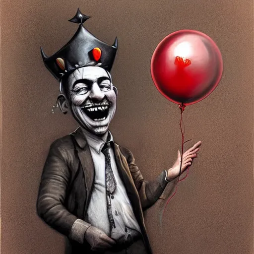 Image similar to surrealism grunge cartoon portrait sketch of a king with a wide smile and a red balloon by - michael karcz, loony toons style, horror theme, detailed, elegant, intricate
