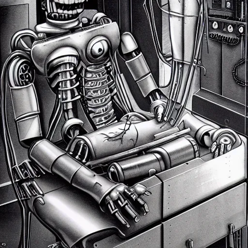 Image similar to a robot with a creepy smile laying down performing an operation on itself, metal, intricate, by h. r. giger