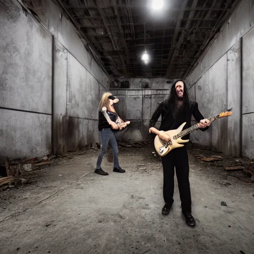 Image similar to two electric guitar players in jumpsuits, playing death metal in an abandoned warehouse