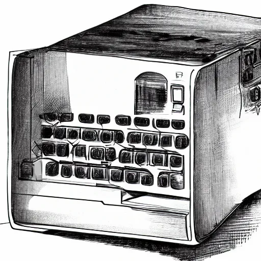 Prompt: sketch concept art of a computer with four legs, white background, illustrated by Robert Hooke, 8k, 4k