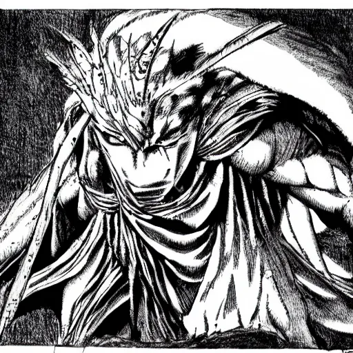 Image similar to Shrike from Hyperion by Kentaro Miura, highly detailed, black and white