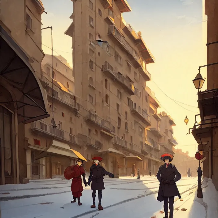Image similar to empty italian big city, winter, in the style of studio ghibli, j. c. leyendecker, greg rutkowski, artem