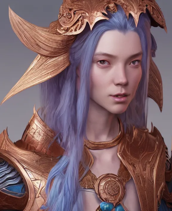 Image similar to a beautiful and highly detailed digital portrait of a dignified elf with long blue hair in rose gold armor by jia ruan, clint cearley, and karol bak, centered, artsation contest winner, cgsociety, fantasy art, cryengine, concept art, photorealism, daz 3 d, sketchfab, zbrush, vray