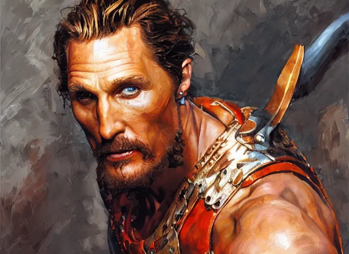 Image similar to a highly detailed beautiful portrait of matthew mcconaughey as kratos, by gregory manchess, james gurney, james jean