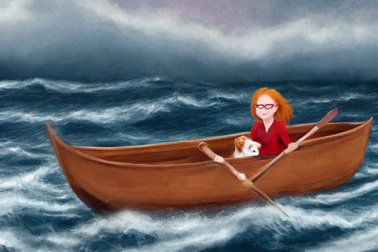 Prompt: young redhead girl with glasses hugging puppy in a rowboat on rough seas, stormy weather, award winning illustration, trending on artstation
