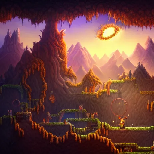 Image similar to portrait of Terraria World, Dramatic Scenes, Terraria game, atmospheric lighting, painted, intricate, golden hour, ultra detailed by Leesha Hannigan, Ross Tran, Thierry Doizon, Kai Carpenter,Ignacio Fernández Ríos