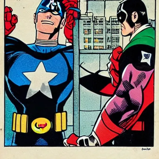 Prompt: Captain America is arresting Batman, silver age of comics, Jack kirby illustration, comicbook pane