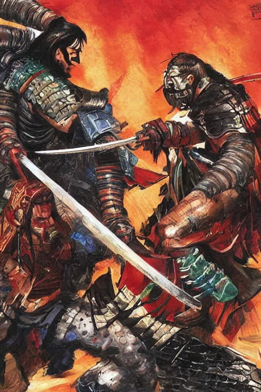 Image similar to samurai duel by mark zug, simon bisley and Daryl Mandryk