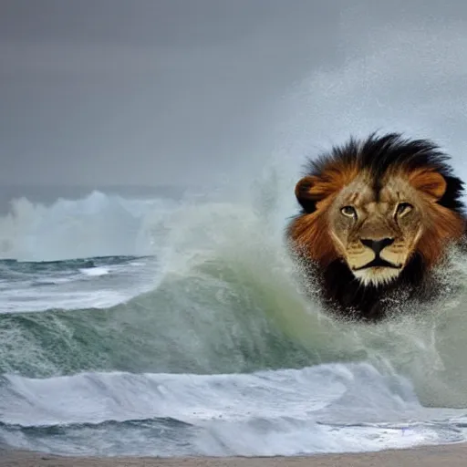 Image similar to a lion's face breaching through a wave, stormy weather