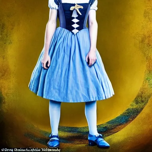 Prompt: beautiful full body portrait of cute alice in wonderland. played by daisy ridley, middle aged, atmospheric, wearing strap shoes, blue white dress