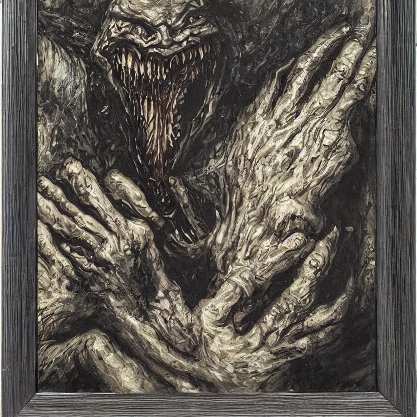 Image similar to a monster reaching through a framed painting, pulp horror