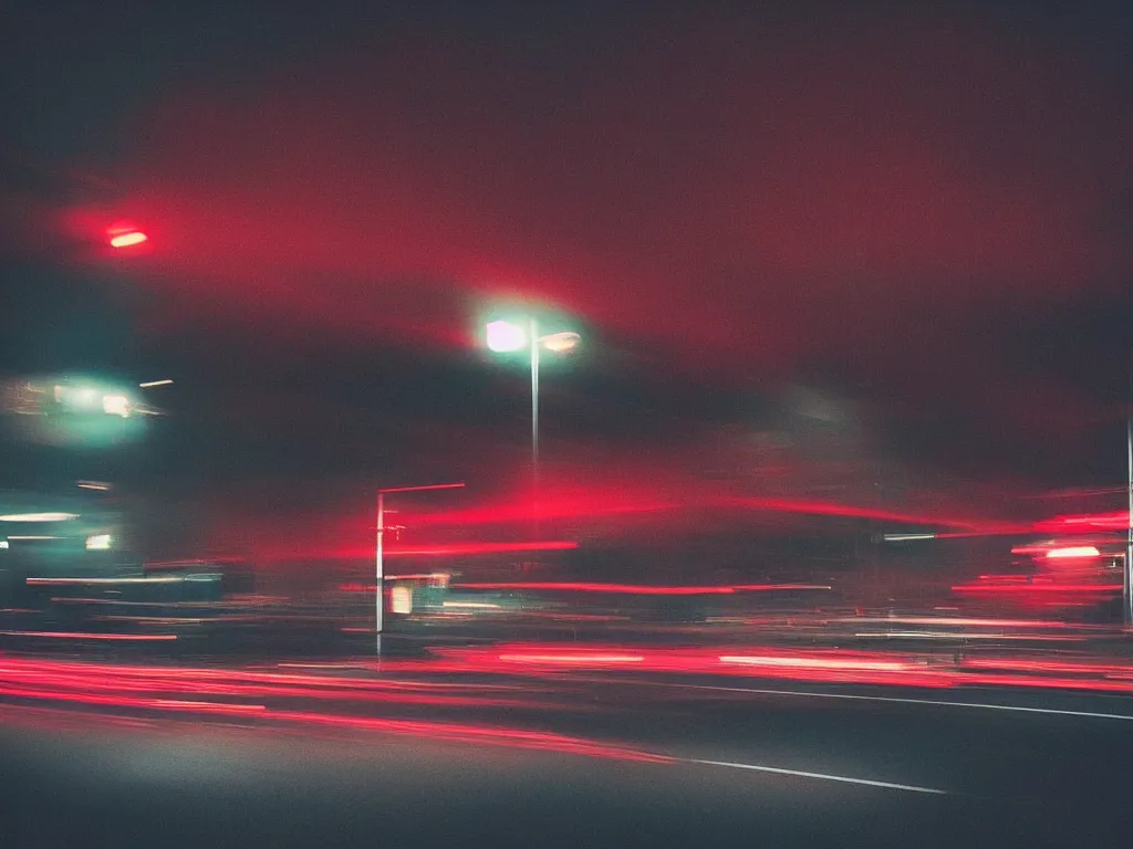 Image similar to “photography of busy intersection, motion blur , fog, red lights, night, mood, atmospheric, full of colour, digital photography”