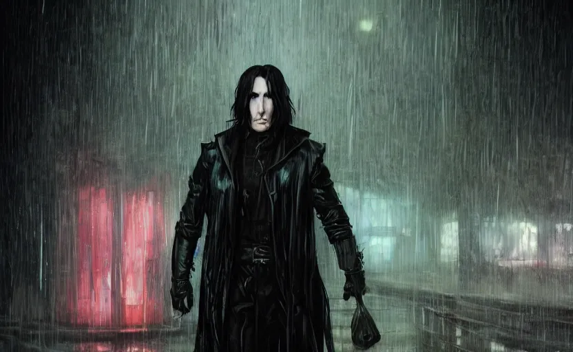 Prompt: an epic fantasy comic book style portrait painting of very beautiful imposing industrial goth trent reznor as snape with wet hair in the rain, neon reflections, character design by mark ryden and pixar and hayao miyazaki, unreal 5, daz, hyperrealistic, octane render, cosplay, rpg portrait, dynamic lighting, intricate detail, cinematic