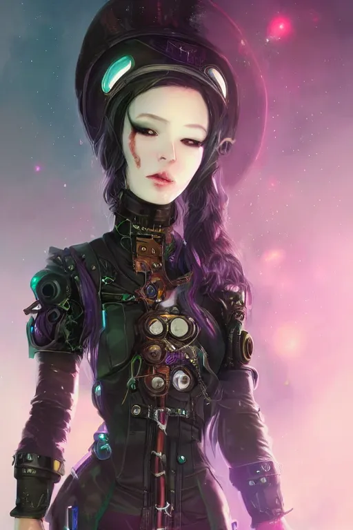 Prompt: beautiful full body portrait of a female cyberpunk gnome black, wearing a fancy velvet tunic, by wlop and artgerm, steampunk! fiction, detailed deep black eyes, starry background, trending, on artstation.