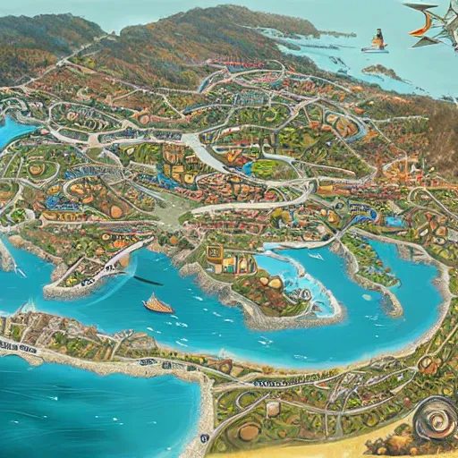 Image similar to overhead dnd map of a modern race track coastal town with large buildings by mike schley, rhads, ray swanland, brian patterson