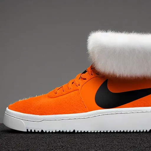 Image similar to nike shoe made of very fluffy orange faux fur placed on reflective surface, professional advertising, overhead lighting, heavy detail, realistic by nate vanhook, mark miner