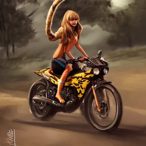 Image similar to girl riding a cheetah on a race track, trending on artstation