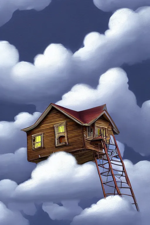 Image similar to A hyperdetailed digital oil painting of a house in the clouds,ladder,cartoon, Trending on ArtStation and DeviantArt