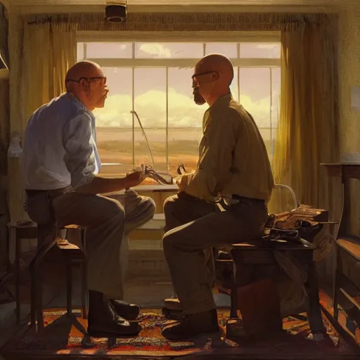 Prompt: sargent and leyendecker and greg hildebrandt, portrait of breaking bad in the world of andrew wyeth, stephen bliss, unreal engine, fantasy art by greg rutkowski, loish, rhads, ferdinand knab, makoto shinkai, ilya kuvshinov, rossdraws, global illumination, radiant light, detailed and intricate environment