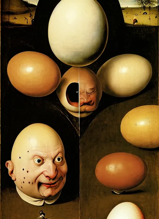 Image similar to portrait of an egg with humpty dumpty silly facial expressions, realistic, by hieronymus bosch, pieter brueghel, greg rutkowski