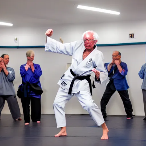 Image similar to Bernie Sanders doing Karate in his whitey tighties, vogue, perfect face, intricate, Sony a7R IV, symmetric balance, polarizing filter, Photolab, Lightroom, 4K, Dolby Vision, Photography Award