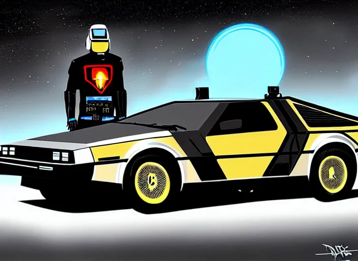 Prompt: concept art, delorean, knight rider, daft punk, tron legacy, vyle art