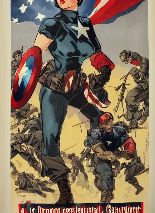 Image similar to beautiful female captain america standing on a pile of defeated, beaten and broken german soldiers. feminist captain america wins wwii. american wwii propaganda poster by james gurney. gorgeous face. overwatch. ralph bakshi